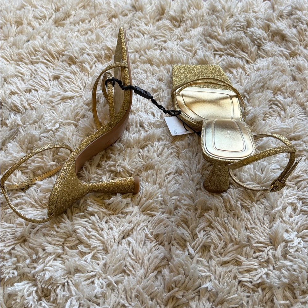 Zara Gold Glitter Strappy Block Heel Sandals - Women - Picture 4 of 5